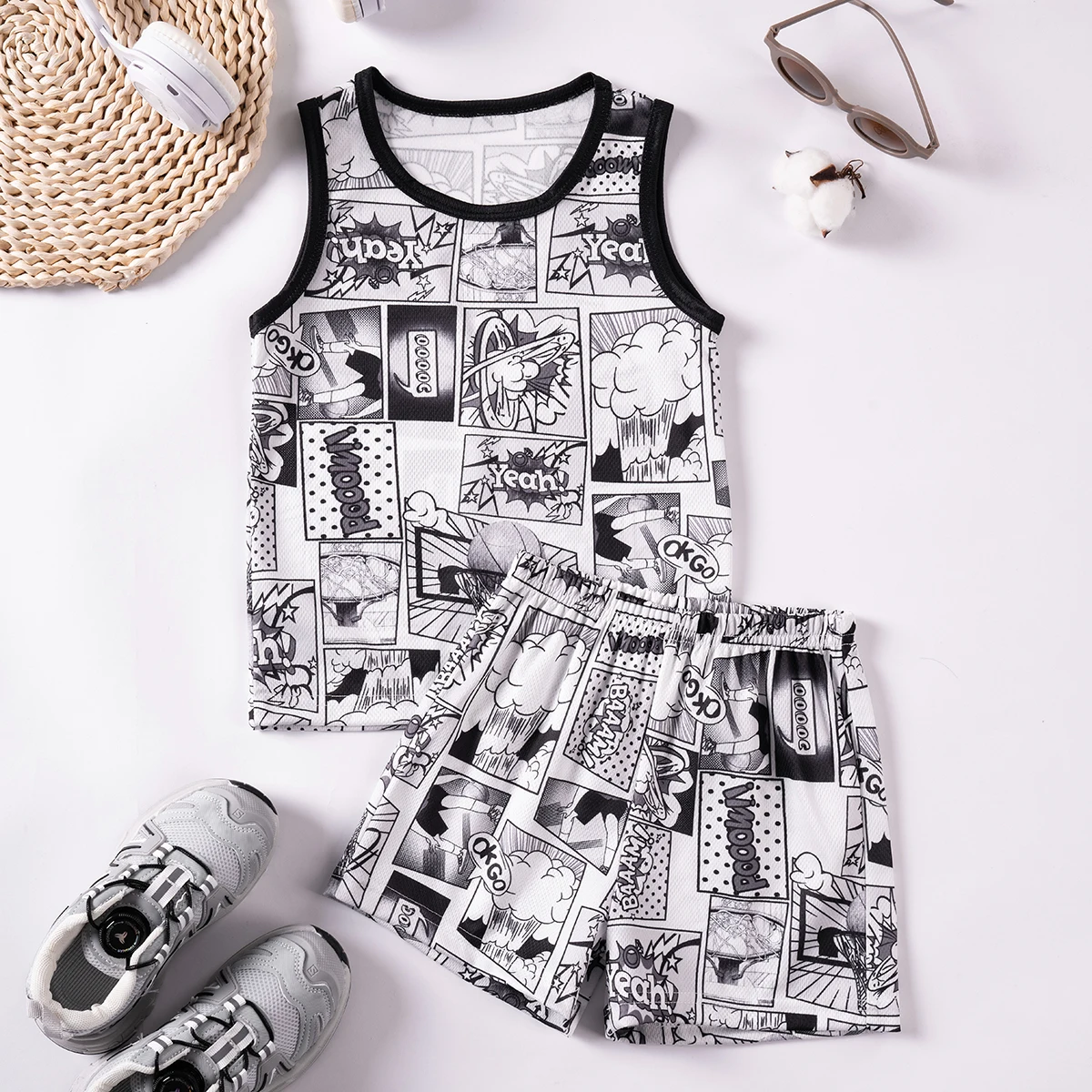 Children's Tank Top Sleeveless T-shirt+Shorts Boys' Handsome Comic Cartoon Digital Print Summer Popular Comfortable 2 Piece Set