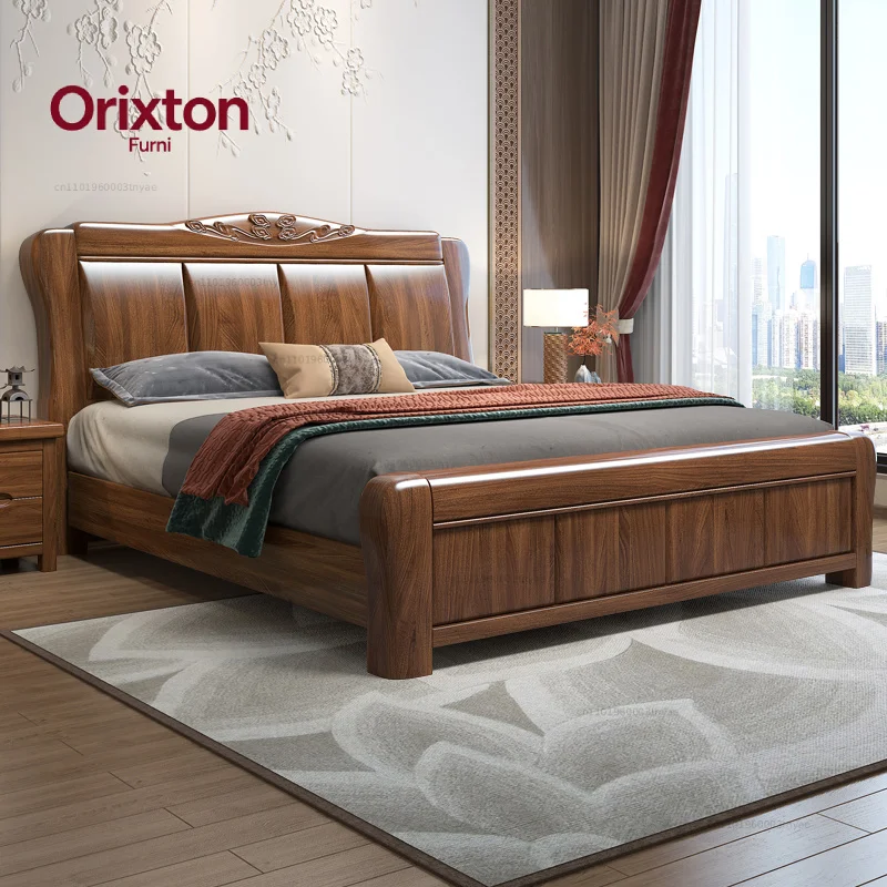 # Oriental-Style Solid Wood Bed, Walnut Wooden Bed Frame with Artistic Carved Headboard & Traditional Craftsmanship