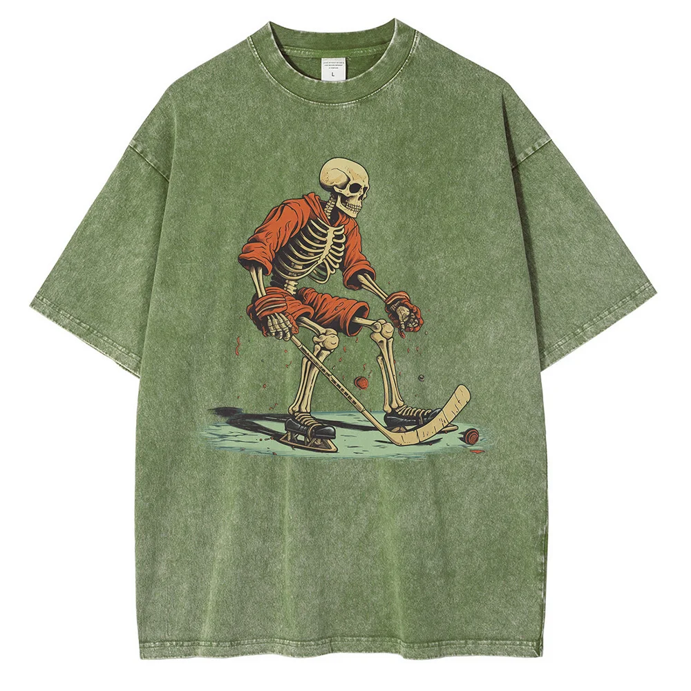 Pure Cotton Heavy Distressed Washed Graphic Tshirts Hockey Skull Printed T Shirt Dropped Shoulder Vintage Oversized T-shirt