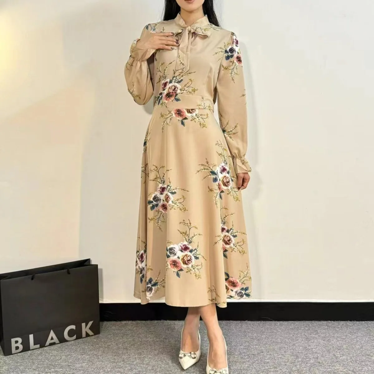 Spring Summer Chiffon Dress Plus Size Women Dresses Vestidos Female Vintage Printed Floral Full Sleeve A-line Long Casual Dress