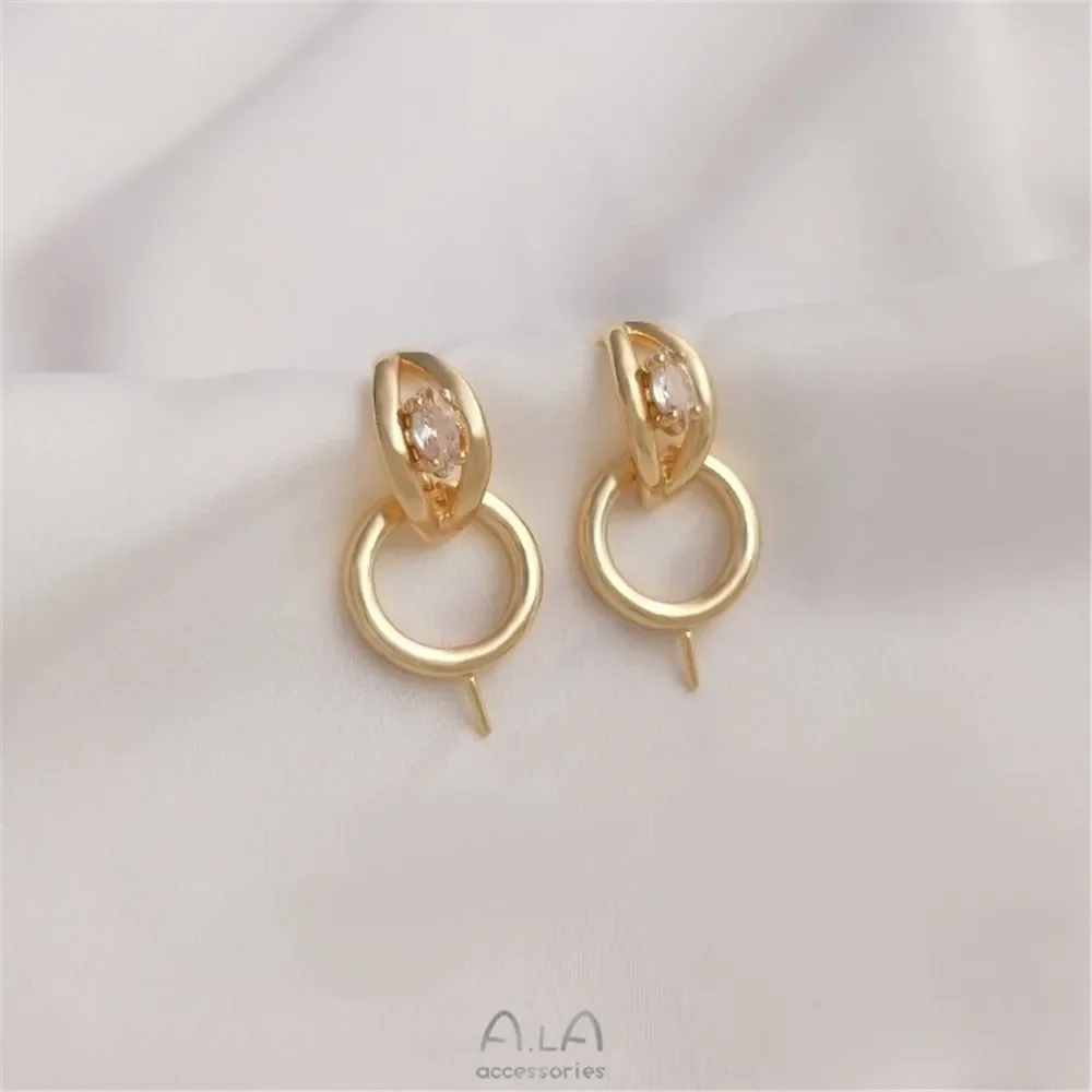 

14K Gold-inlaid Zirconium C-shaped Half-moon Hanging Hoop Bead Holder Stud Earrings 925 Silver Needle DIY Pearl Earrings E229