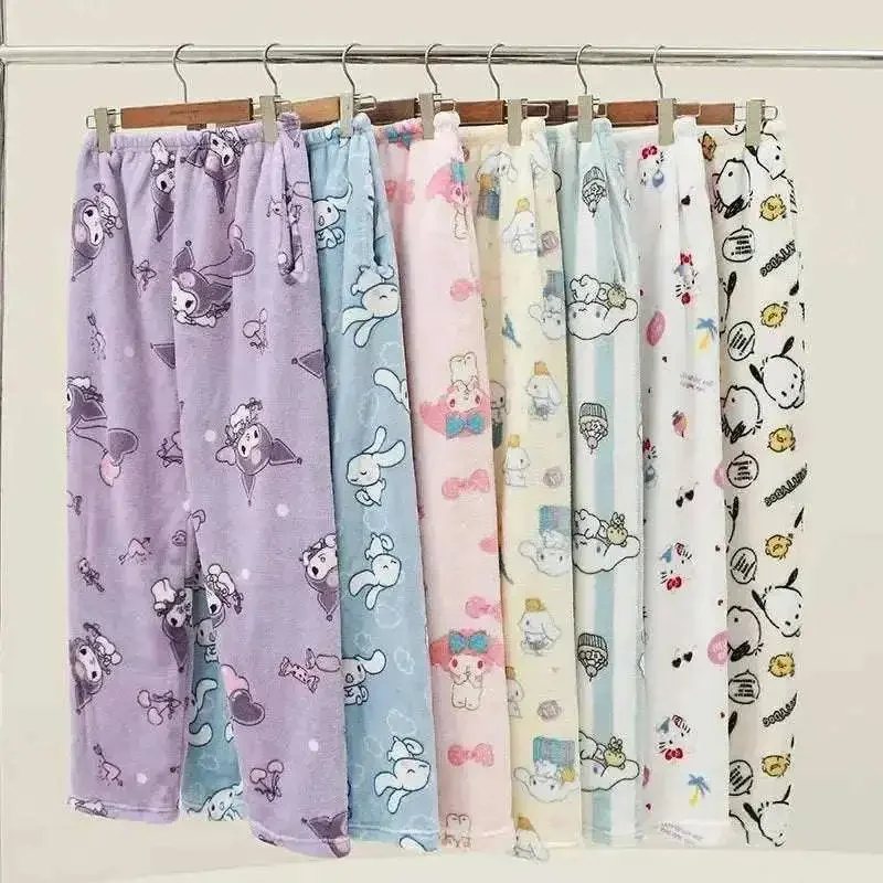 Cute Cartoon HelloKitty Character Print Fleece Pajama Pants Women Soft Fuzzy Warm Wide Leg Loungewear Loose Home Sleep Trousers