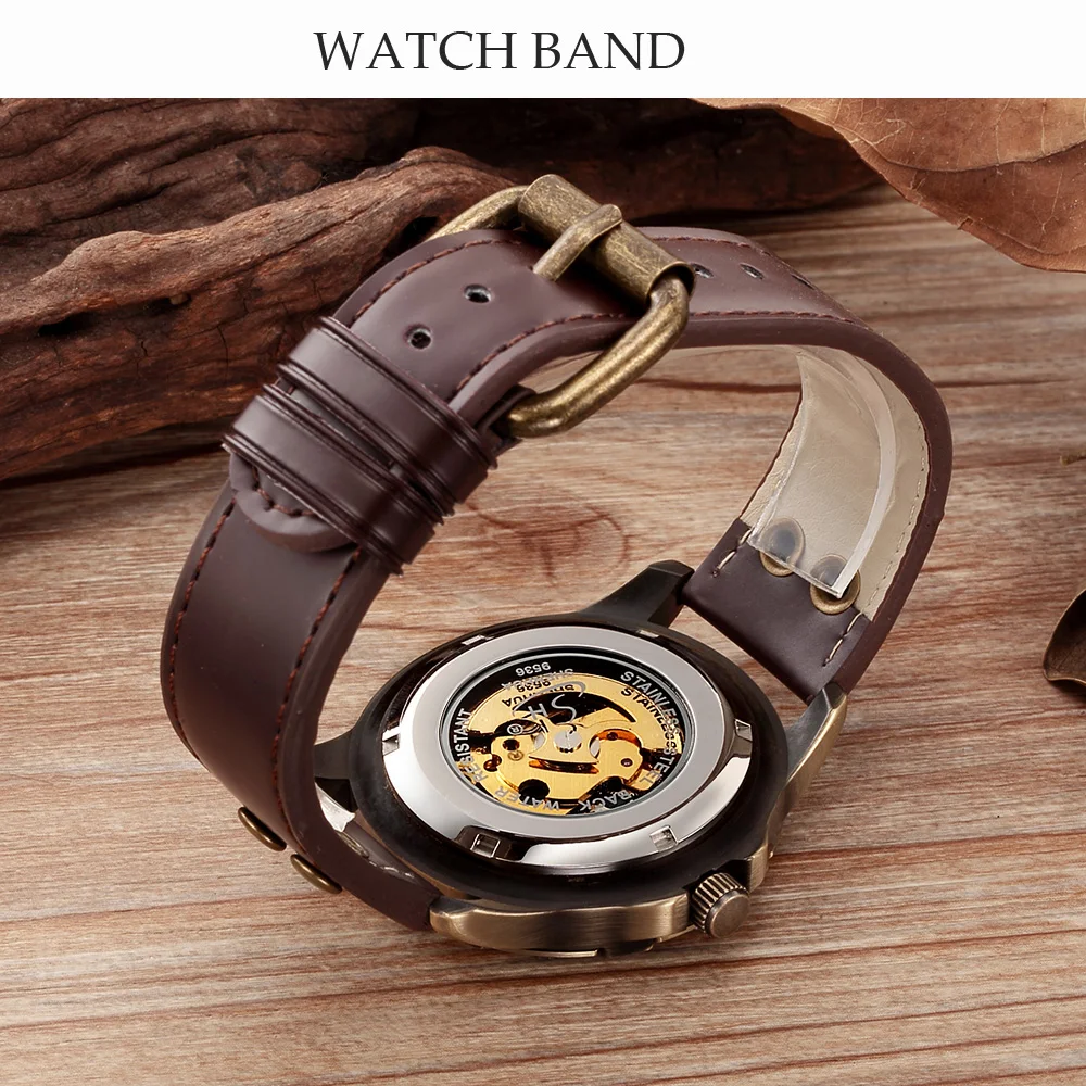 SHENHUA Orologio meccanico automatico scheletrato in bronzo retrò Puntatore luminoso Orologi impermeabili Orologio da uomo di lusso delle migliori marche