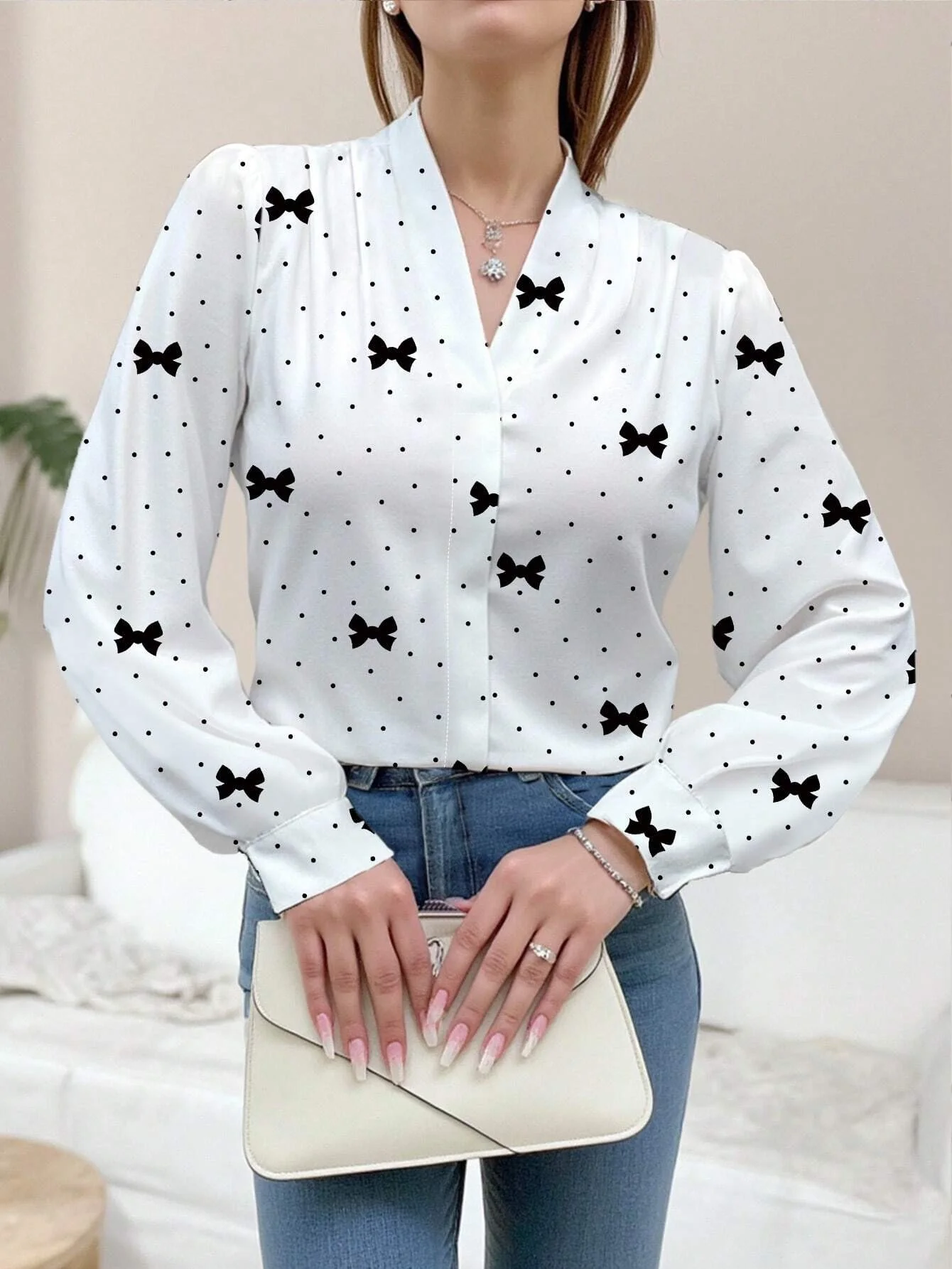 Camicia casual da donna con scollo a V a maniche lunghe stampata con fiocco a pois primaverili e autunnali