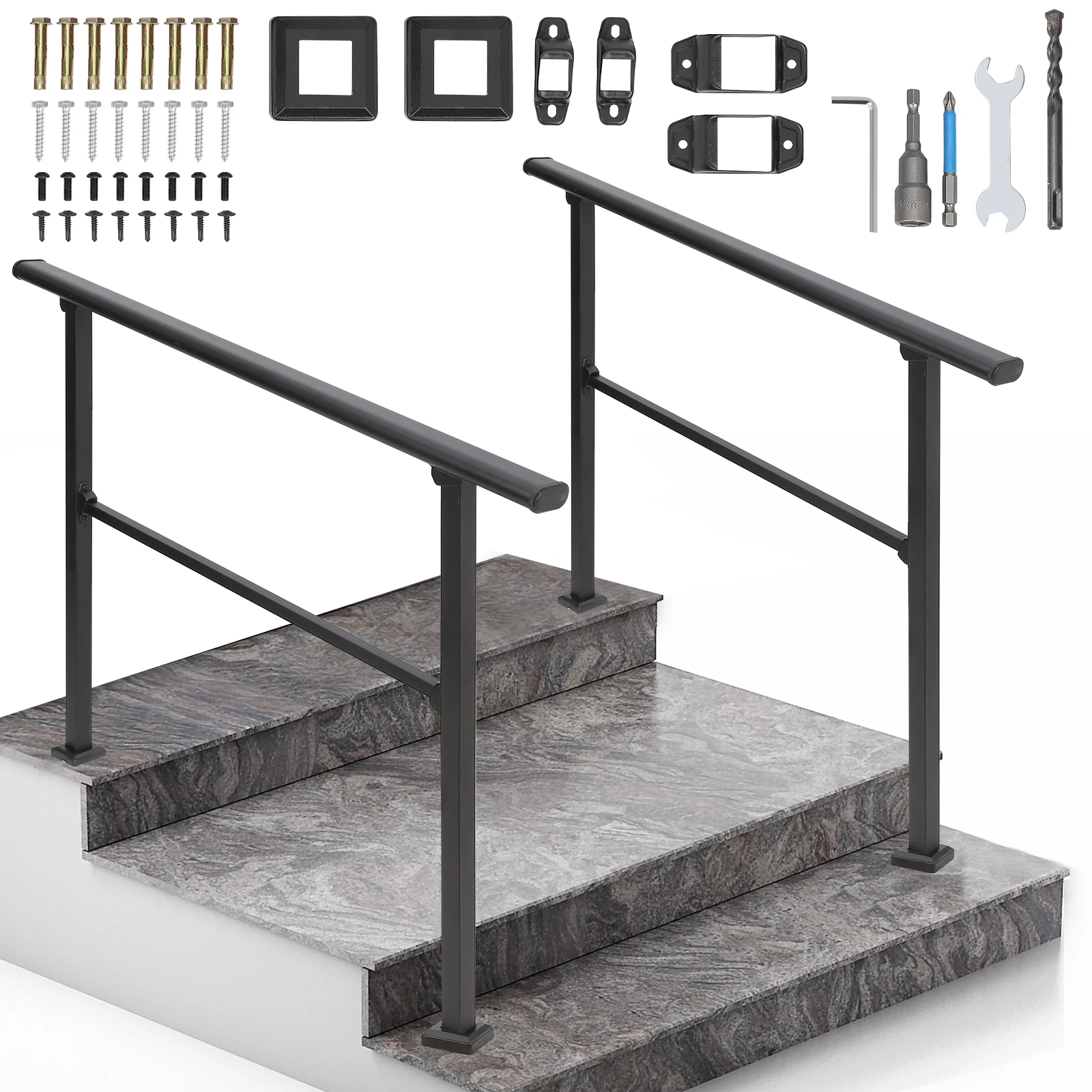 Handrails for Outdoor Steps, Outdoor Stair Railing Fits 3 to 4 Steps, Sturdy Porch Railing with Installation Kit