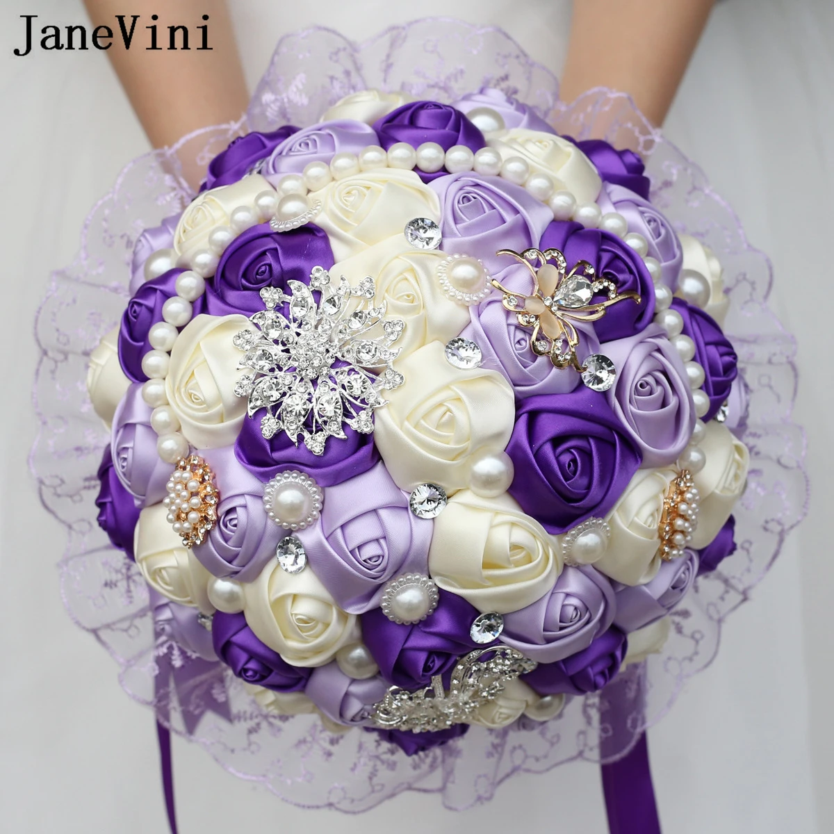 JaneVini Romantic Artificial Wedding Bouquet for Bride and Groom Bridesmaid Rhinestone Pearls Lace Rose Flower Bridal Bouquets