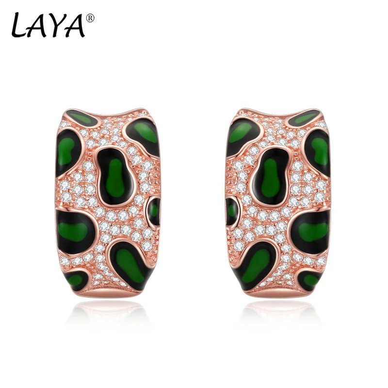 LAYA 925 Sterling Silver Earrings For Women Minimalist Leopard Print Sparkling Zircon Handmade Enamel Piercing Ear Fine Jewelry