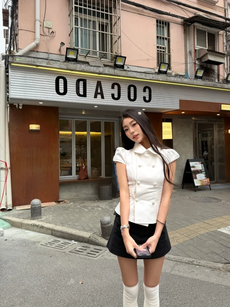 

Korean Design Double Button Doll Collar Short Sleeve Women's Shirt Summer New Waist Cinched Slimming Collar Top
