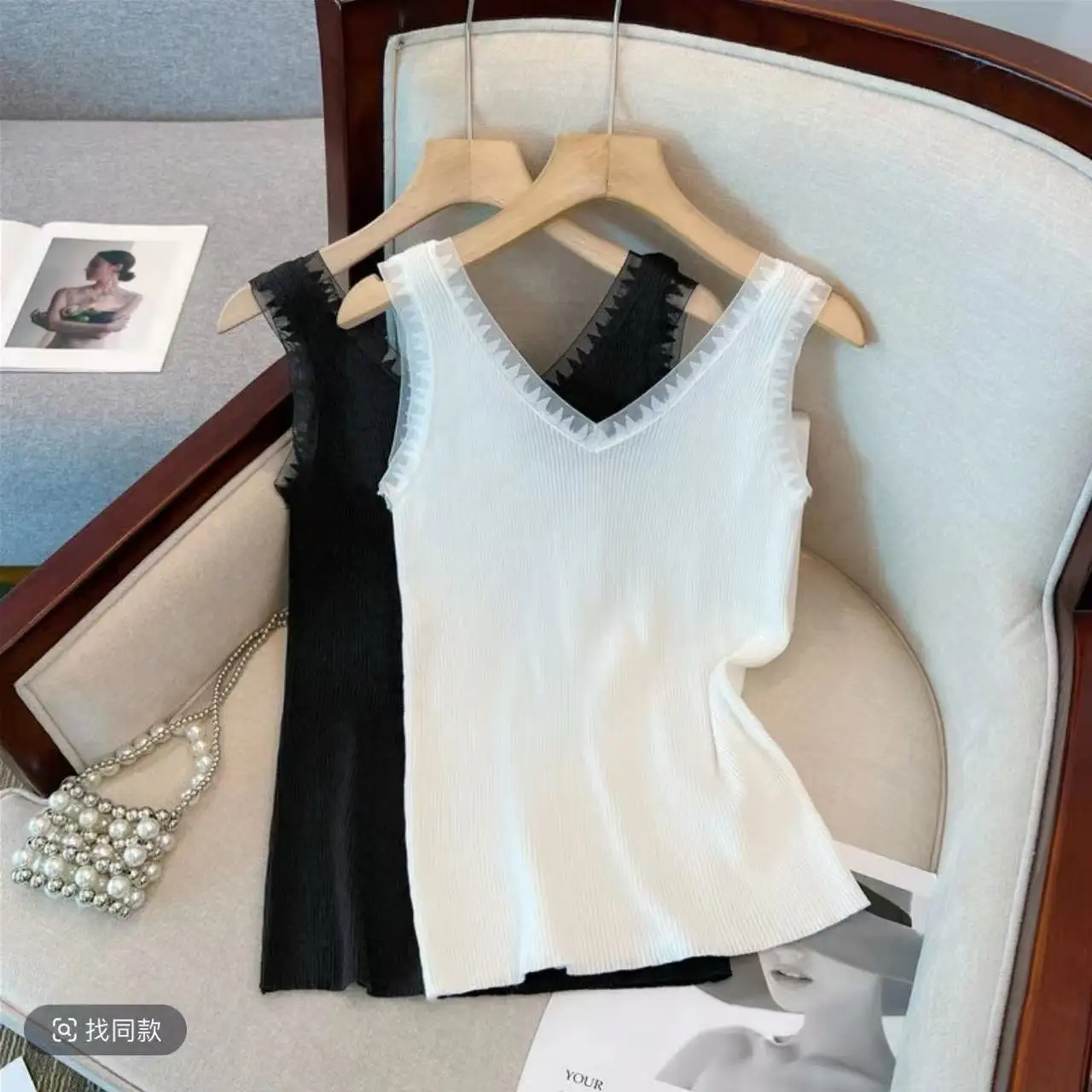 Rippstrick-Tanktop mit Spitzenbesatz, dehnbares, ärmelloses, tailliertes Leibchen für Damen, Sommer-Basic-Chic-Outfit