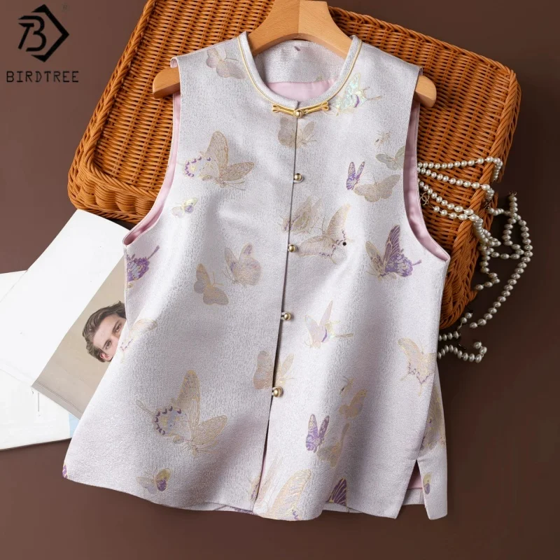 Birdtree, 100% Silk Song Brocade Tank Top, Stand Collar Sleeveless Vest, Women's Chinese Style Tops, 2026 Autumn New T68817JF