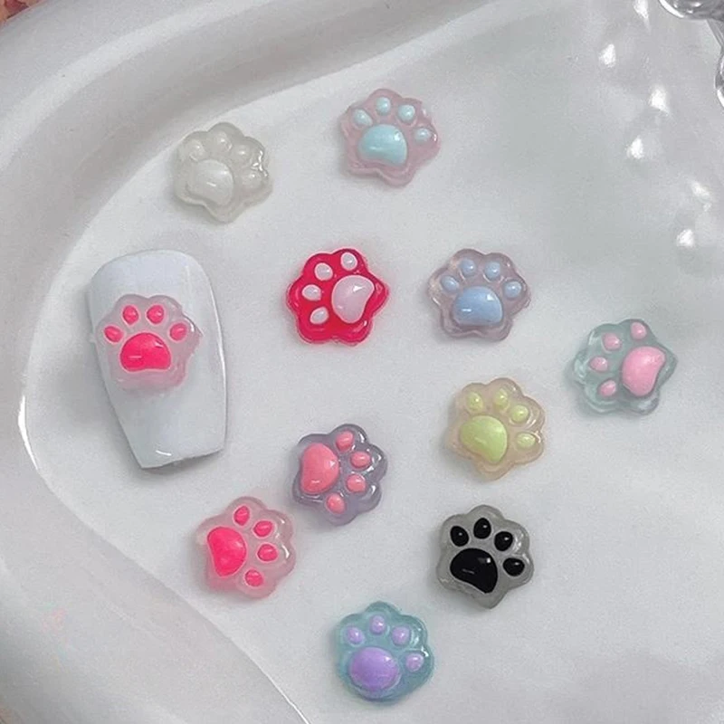 20Pcs 3D Luminous Cat Paw Nail Charm Resin Cartoon Transflective Manicure Ornaments Mini 3D Nail Art Decoration