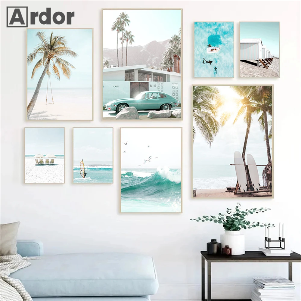 

Beach Picture Canvas Painting Coconut Tree Poster Sea Wave Surfboard Wall Art Print Nordic Wall Pictures Living Room Home Decor