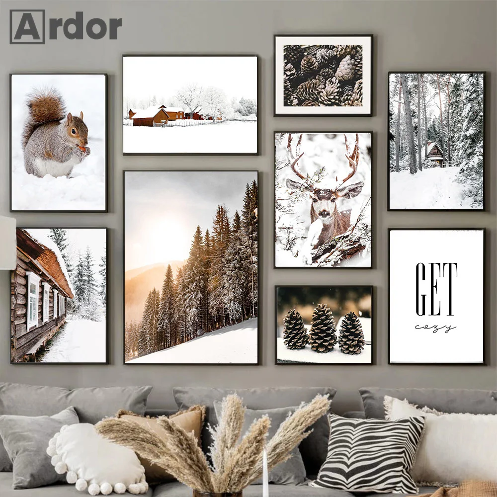 Winter Nature Landscape Canvas Painting Snow Deer Squirrel Animal Poster House Print Nordic Wall Art Picture Living Room Decor