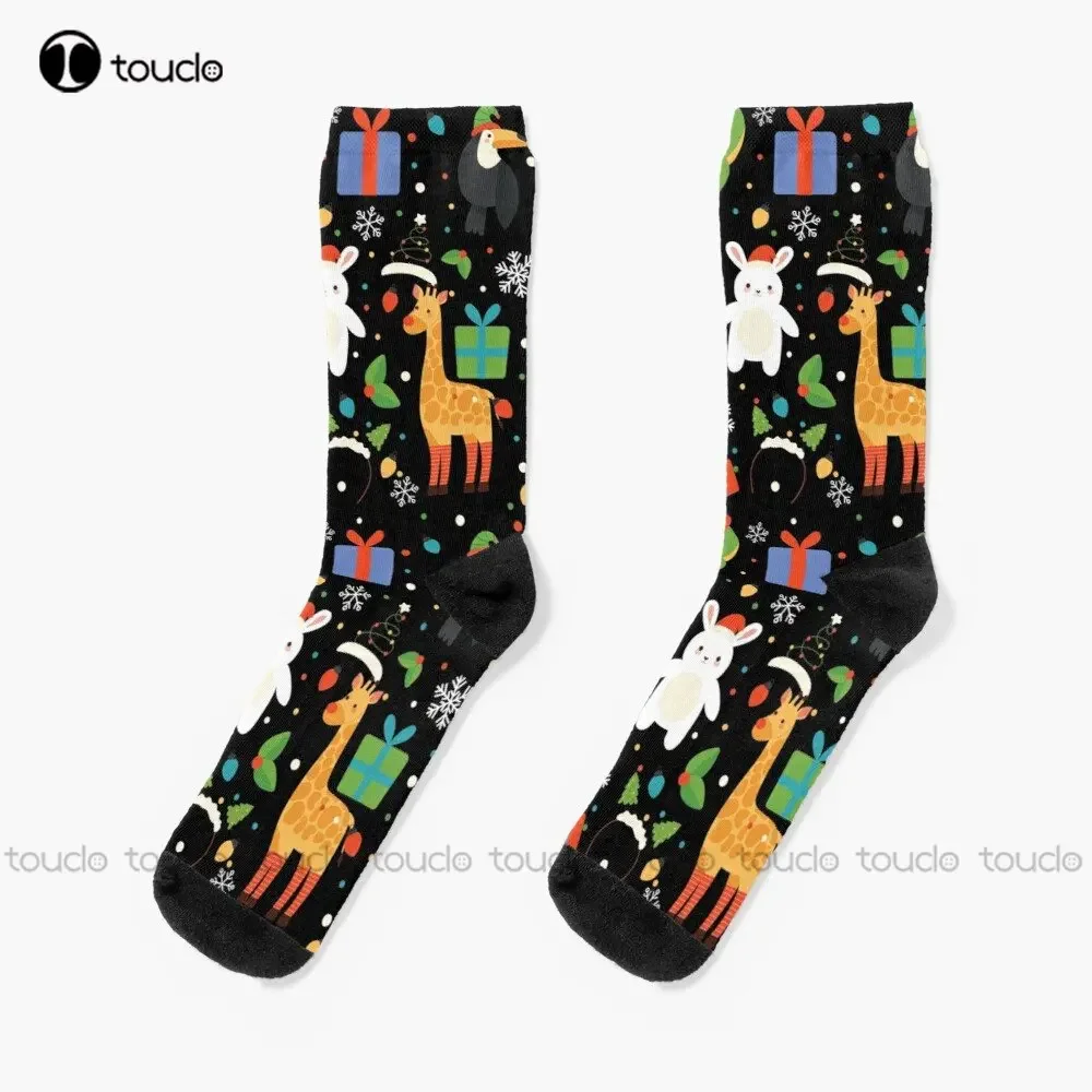 African Animals And Penguin Celebrate Christmas Socks Soft Socks Personalized Custom Unisex Adult Teen Youth Socks Custom Gift