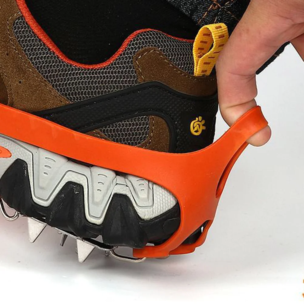 1ペア 18歯 アイススノーグリップ クランポン オレンジ サイズ 熱処理済みクリート ハイキング ウォーキング 車道用 アイスクリート スパイク クランポン