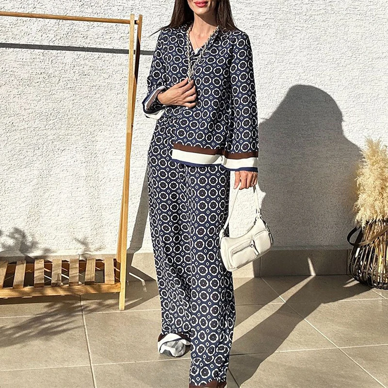 Retro Pattern Print Loose Harajuku Suit Women Spring Single Brasted Lapel Shirt+Wide Leg Pants Outfit Fall Long Sleeve 2pcs Sets