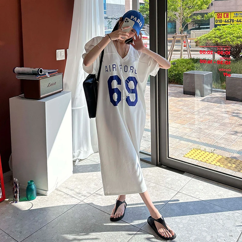 Laid-ba Sle lettre imprimée ort Sve Dr femmes été nouveau t-shirt ample décontracté jupe longue Version coréenne ample...