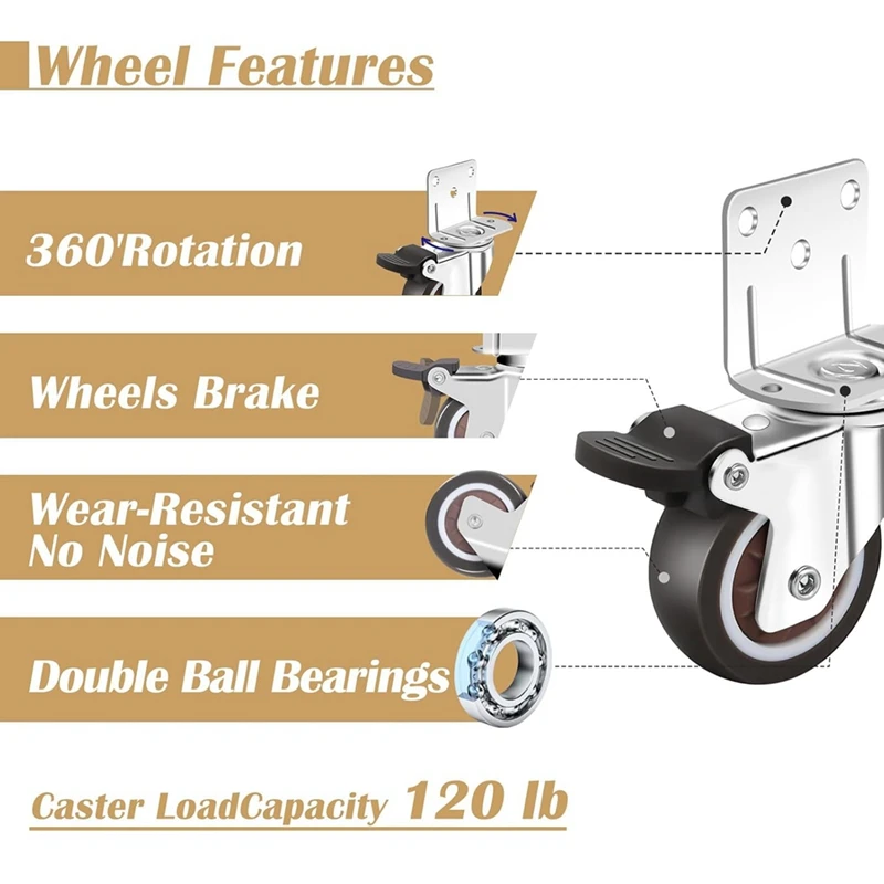M11K-Side Mount Casters,Casters Set Of 4 With Brake,L-Shape Plate Small Wheels For Furniture,Cabinet Casters