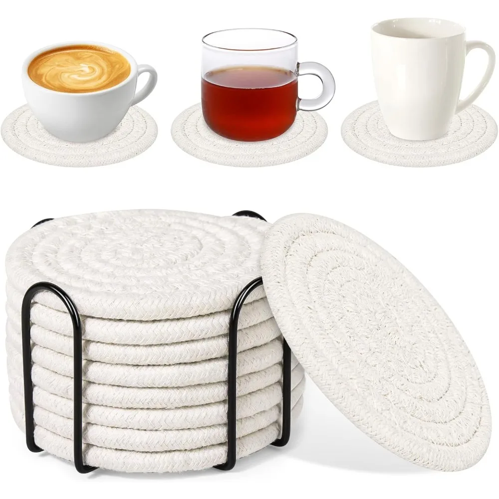 

8 Pack Drink Coasters with Holder, Absorbent Coasters for Coffee Table, Minimalist Cotton Woven Coaster Set for Home Dec
