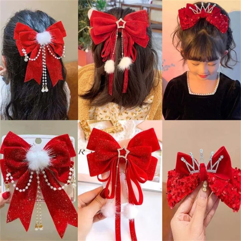 

1 шт., заколка для волос с красным золотым бантом для женщин и девочек, украшение на Рождество, Новый год, заколки для волос, аксессуары для волос