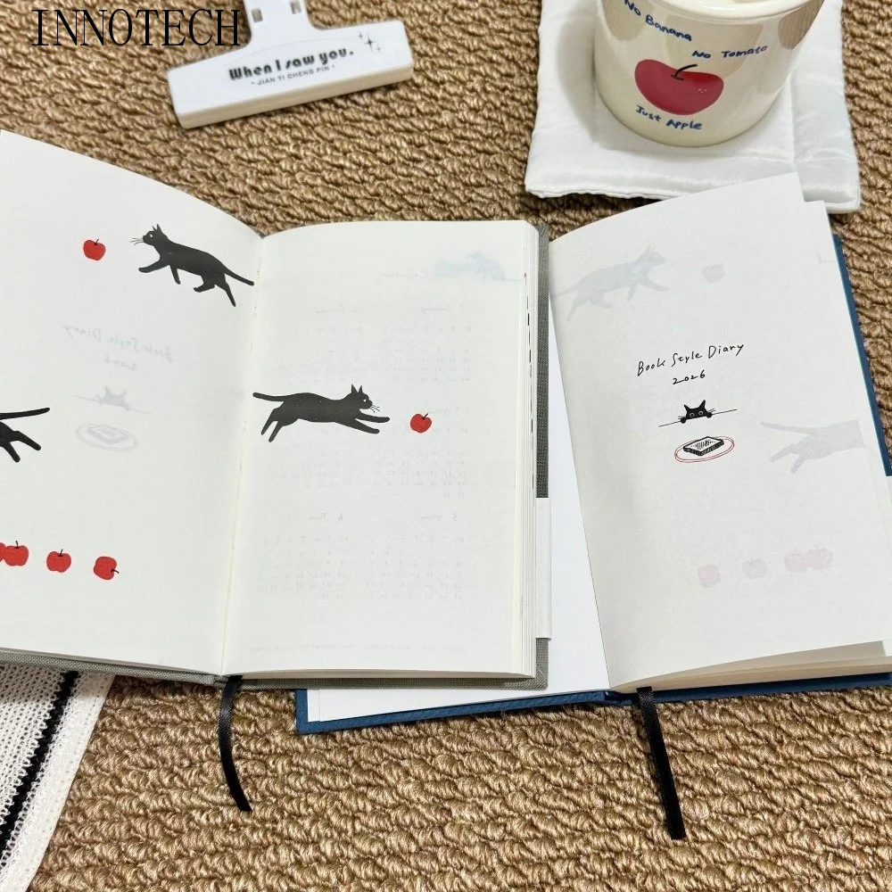 Simple Cartoon Kitten Illustration Notebook Convenient 2026 Hard Shell Schedule Book Multi Functional Color Page