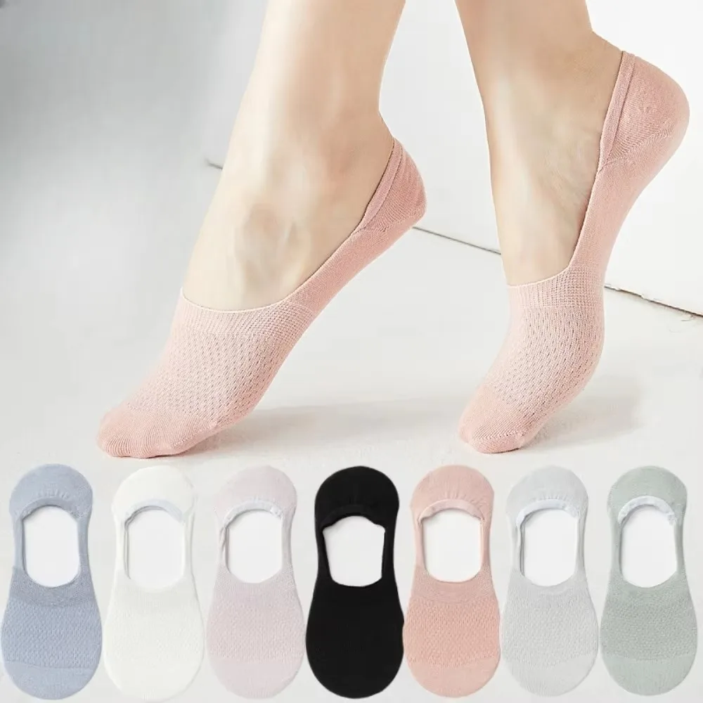 Women Ice Silk No Show Socks Summer Hollow Mesh Thin Breathable Silicone Non-slip Low Cut Invisible Boat Socks