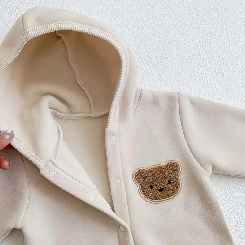 2024 Winter Warm Newborn Baby Clothes Boys Cotton Babies Romper Cartoon Bear Long Sleeve Hooded Girl Bodysuit for 0-24M Clothing