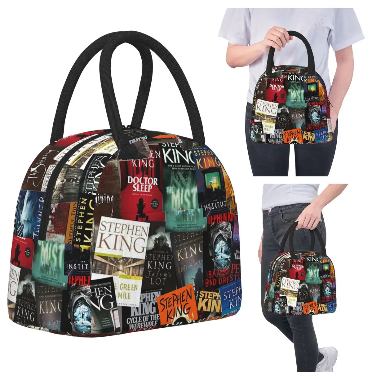

Stephen King Book Covers, Horror Bookworm Insulated Lunch Bag for Women Thermal Food Box Tote Portable Lunch Boxes Container