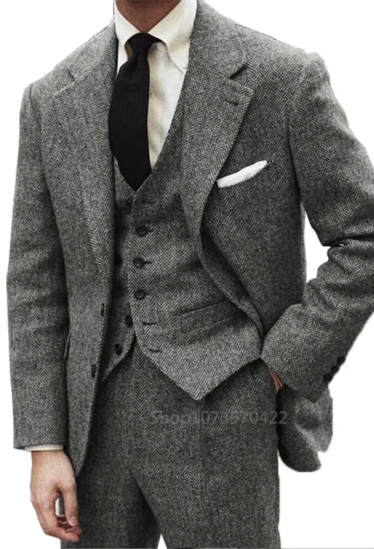 3 Piece Gray Herringbone Wool Tweed Winter Men Suit\'s For Wedding Formal Groom Tuxedo Male Fashion Suit (Jacket + Vest + Pants)