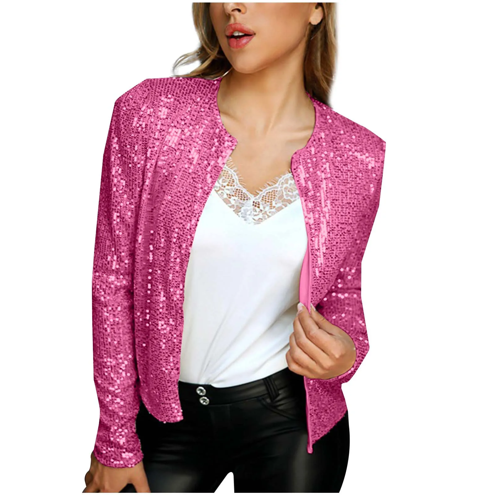 

Women's Fashion Stand Solid Color Sequin Casual Short Womens Wool Blend Jacket