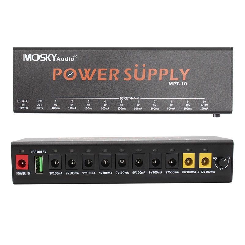 MOSKYAUDIO MPT-10 Guitar POWER SUPPLY 10 Isolated DC Outputs/ 4-12V USB Output For 9V 12V 18V Guitar Effect Pedal