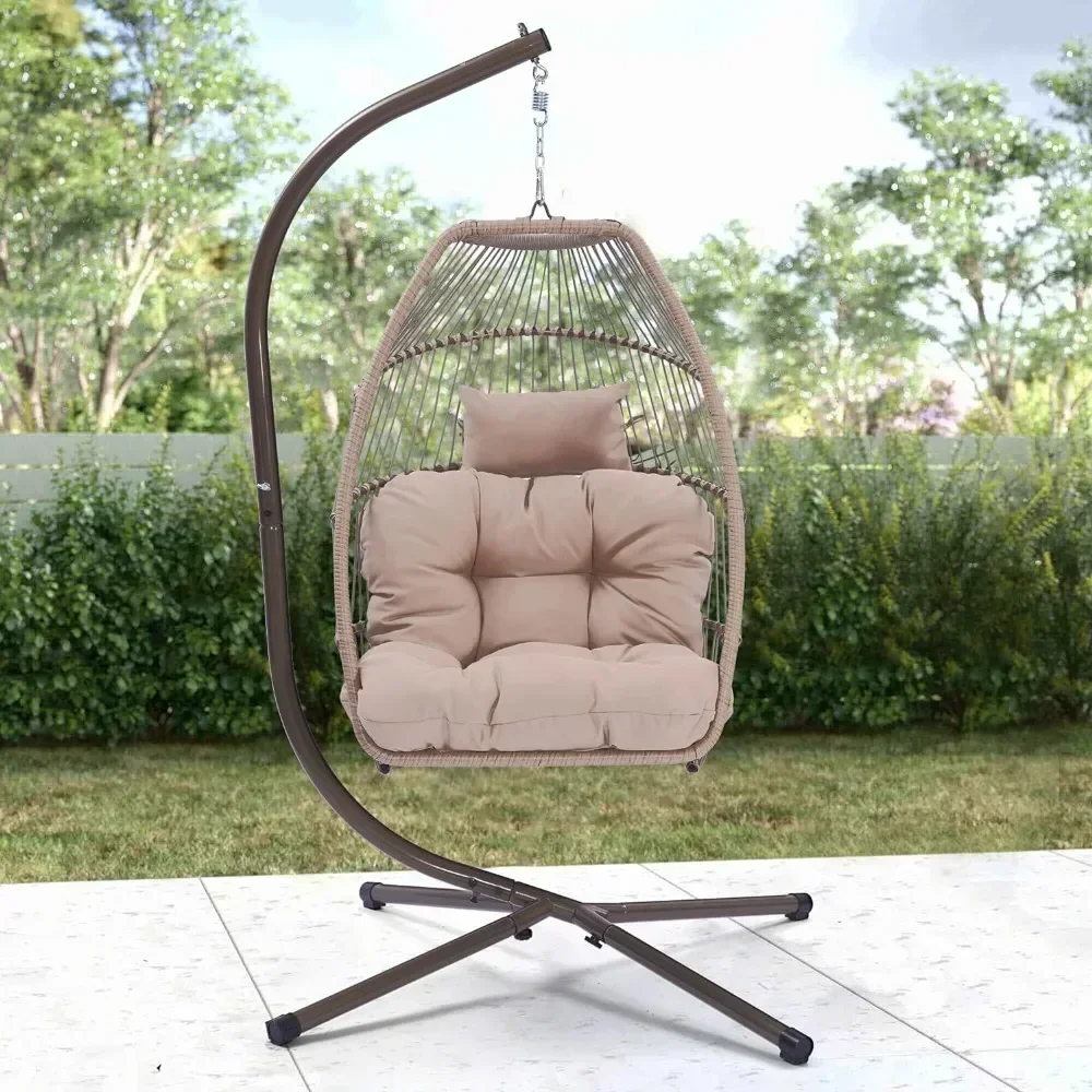 Hanging Egg Chair Stand, Outdoor Patio Wicker Folding Hammock Chair with C Type Bracket, Soft Deep Fluffy Cushion and Pillow