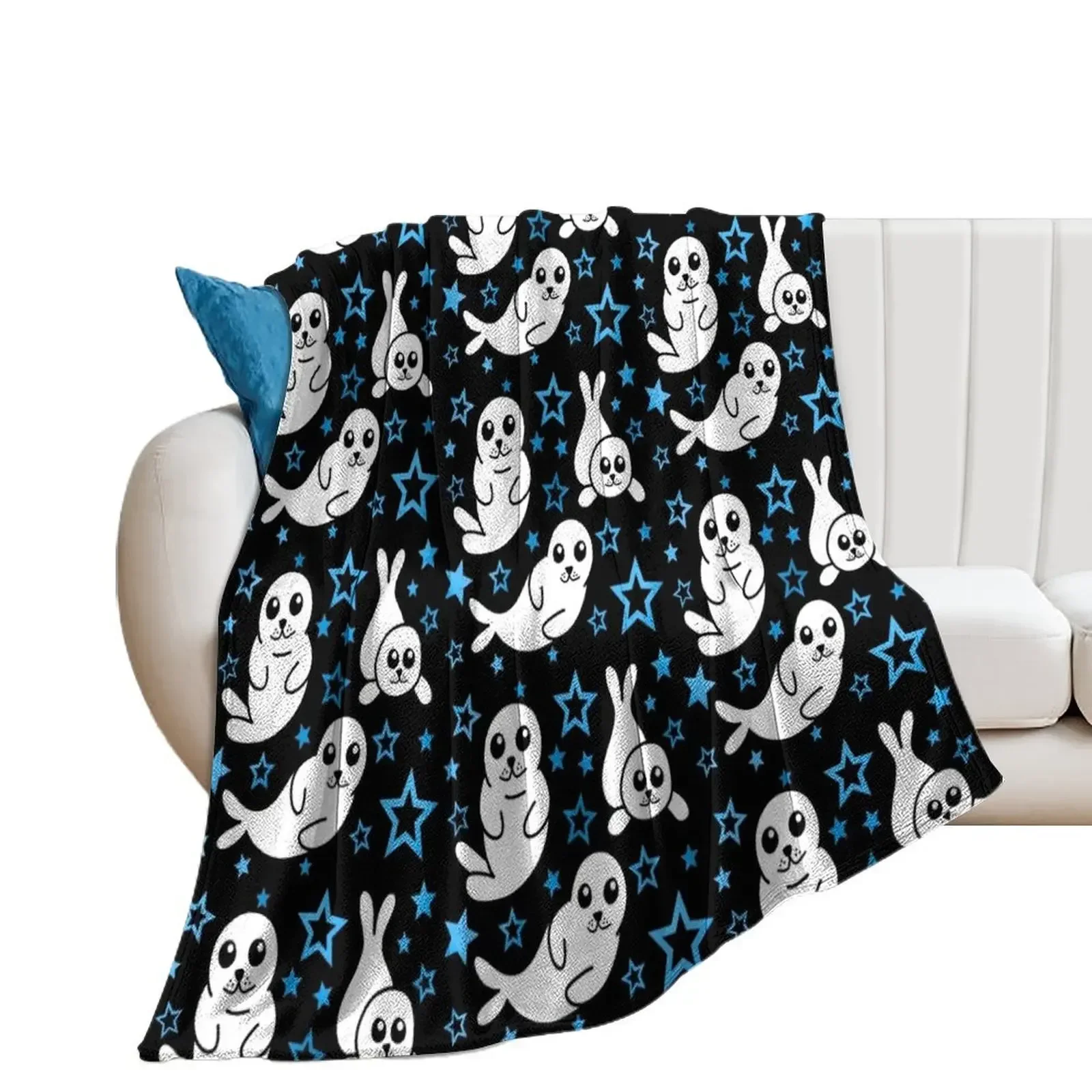 

Harp Seal Blue Stars Pattern Throw Blanket Thins Winter beds christmas gifts Picnic Blankets