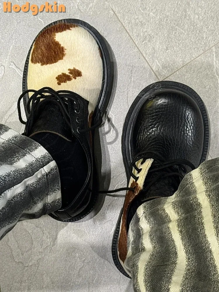 

Black Horsehair Shoes Big Toe Lace-up Height Increasing Thick-soled Couple Fashion Women Derby Shoes 2025 New PU Chunky Heel