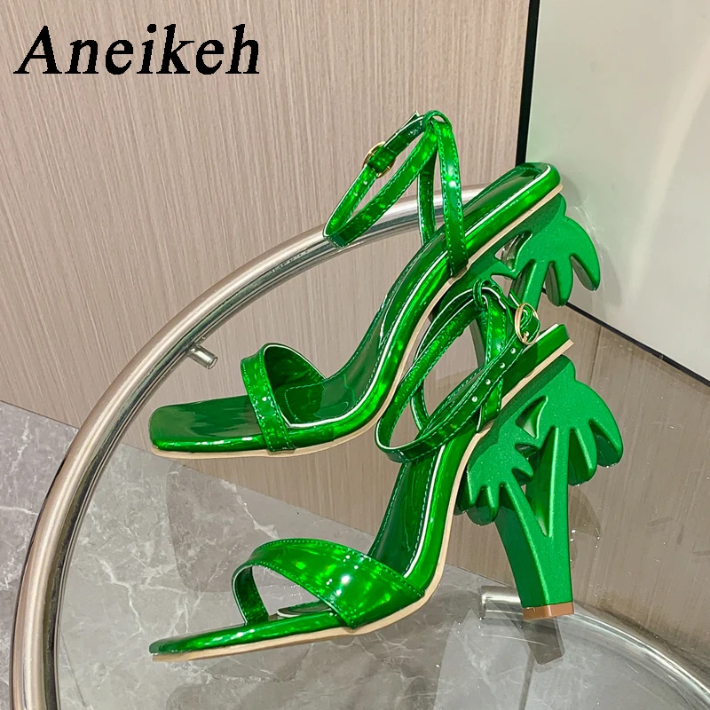 Aneikeh Sexy Green Ankle Strap Sandals Women Summer Square Toe Strange Fretwork Heels Ladies Party Dress Shoe Sandalias Mujer