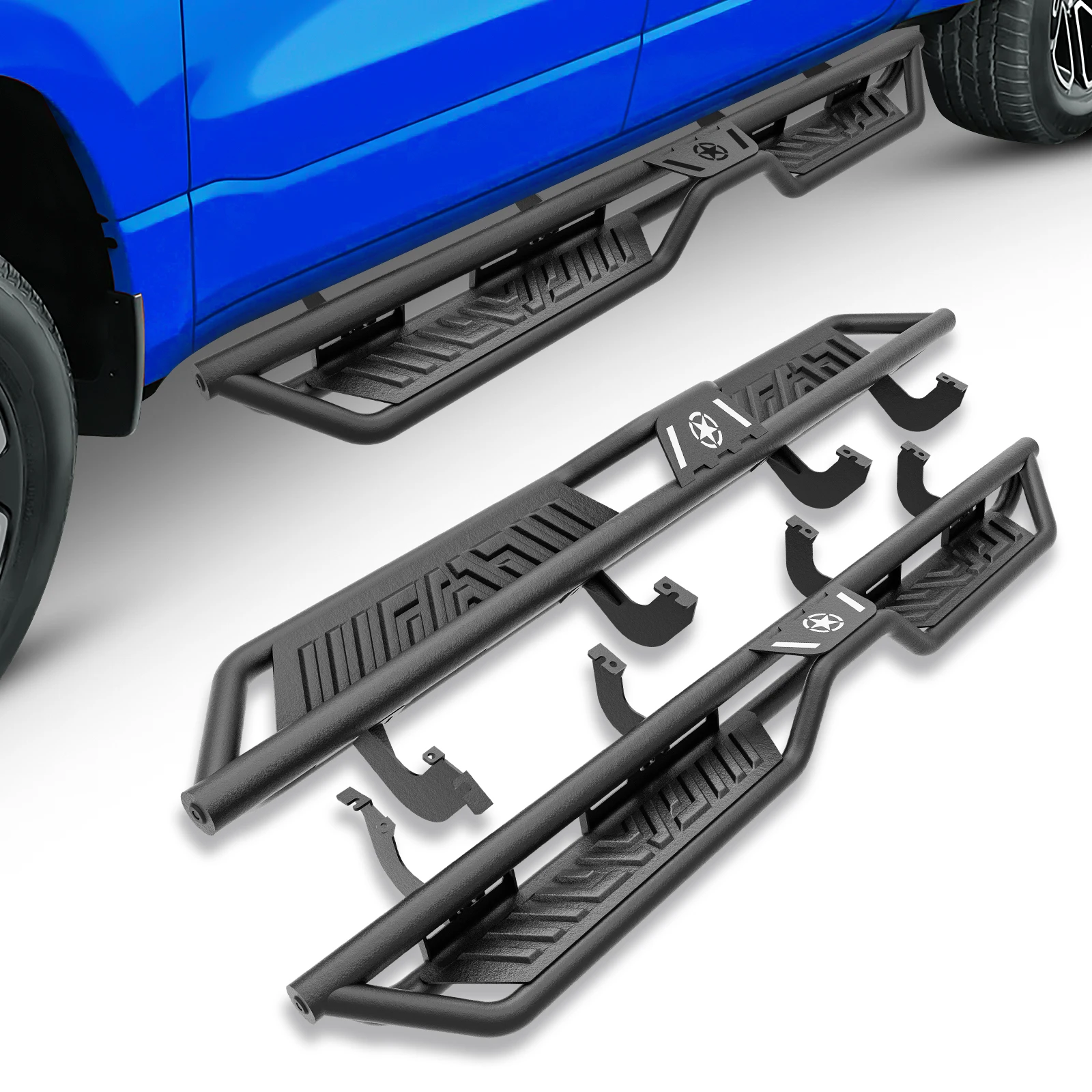 

Running Boards with Black Powder Coated, Star Logo for 2022 2023 2024 2025 2026 Toyota Tundra Crew Max Cab