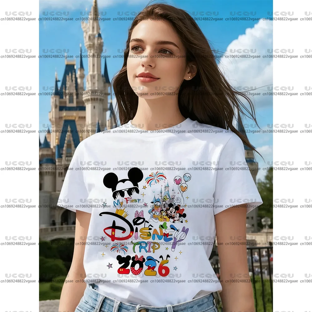 ديزني Y2k ملابس النساء الأسرة عطلة هدية زوجين ديزني لاند الفتيات تي شيرت المحملة 2026 القطن ميكي السنة الجديدة عيد الميلاد رحلة علوية #2