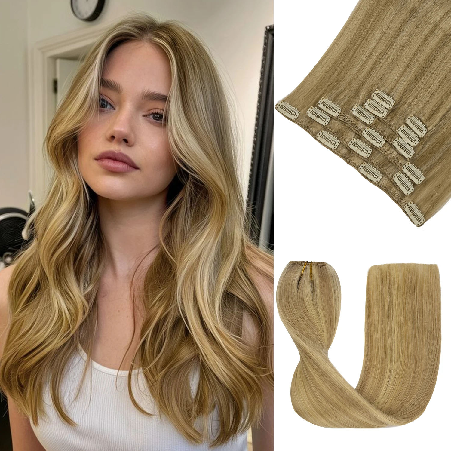 

Clip in Hair Extensions Real Human Hair Light Blonde Highlighted Golden Blonde Seamless Invisible Hair Extensions Clip ins