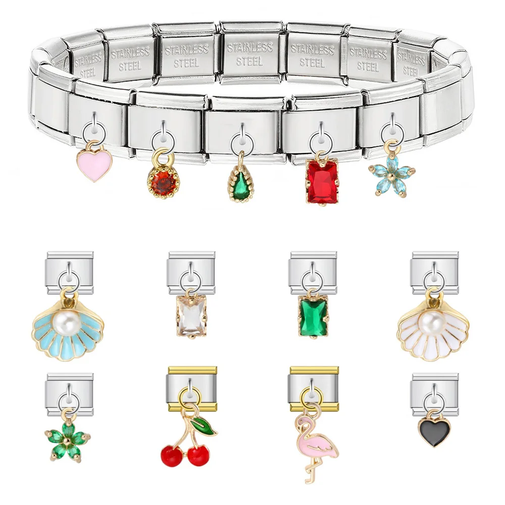 Design Stainless Steel Charm Pendant Cute Shell Pearl Crystal Series Italian Link Fit 9mm Jewelry Making DIY Bracelet Accessorie