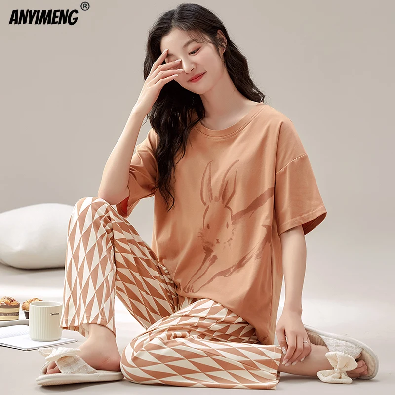 Spring Summer Pajamas for Women Cotton Pijamas Short Sleeves Plaid Pants Sleepwear O-neck Woman Pajama Fashion Loungewear