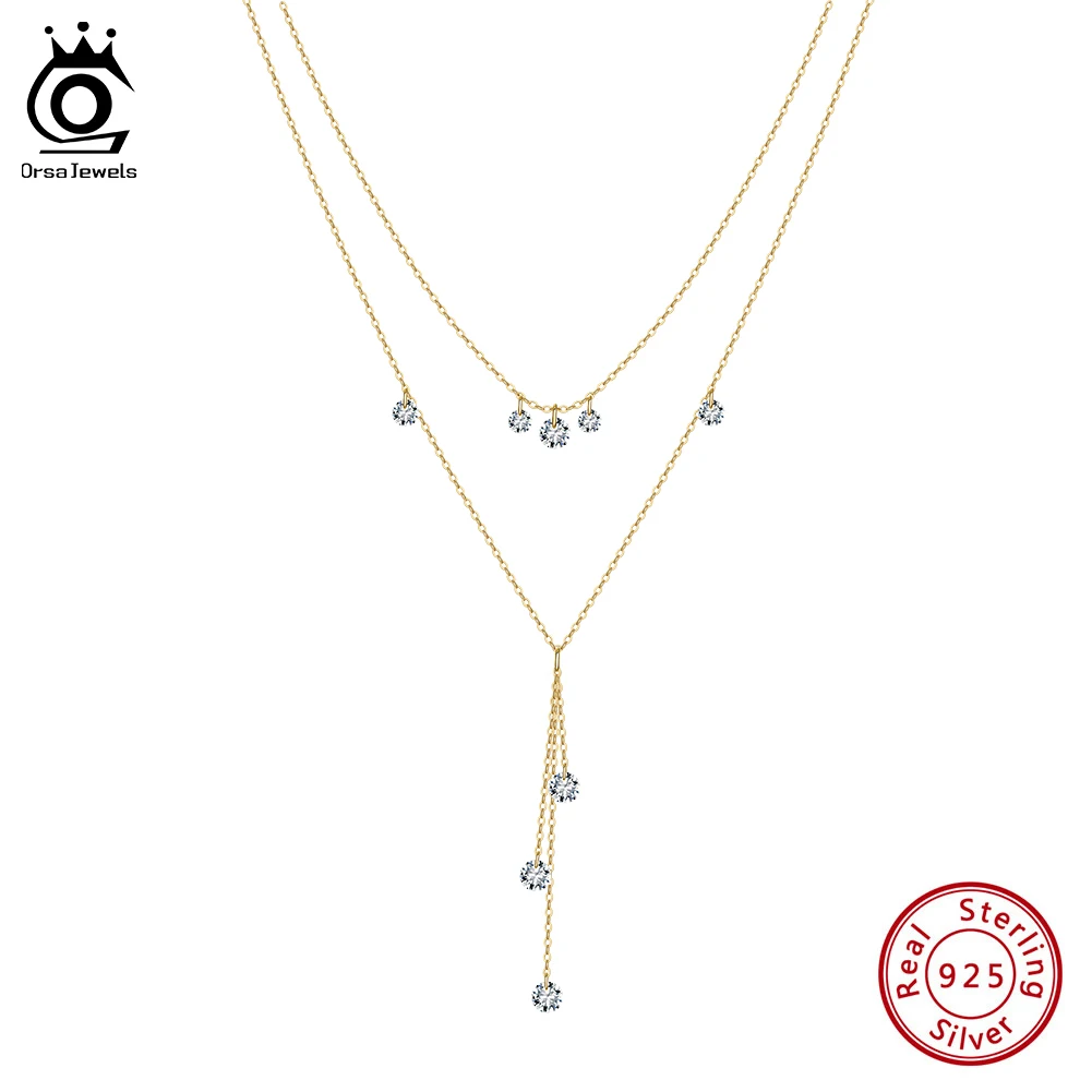 

ORSA JEWELS Real 925 Silver Layered Necklace for Women Girls Vintage Stackable Cubic Zircon Chain Pendant Choker Jewelry BQN20
