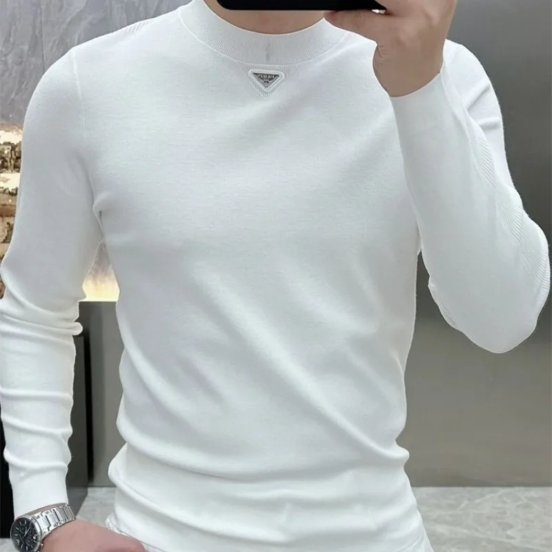 2024 New Trend Men's Solid Round Neck Spring Autumn Fashion Minimalist Versatile Long Sleeve Slim Fit Thin Elastic T-shirt Top