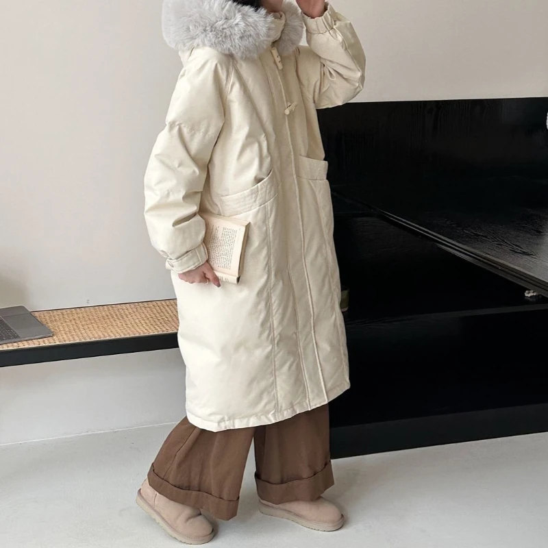 

Cute Medium To Long Hooded Cotton Jacket with Large Fur Collar for Women in Winter, Thickened 2025 Style, Loose and Versatile