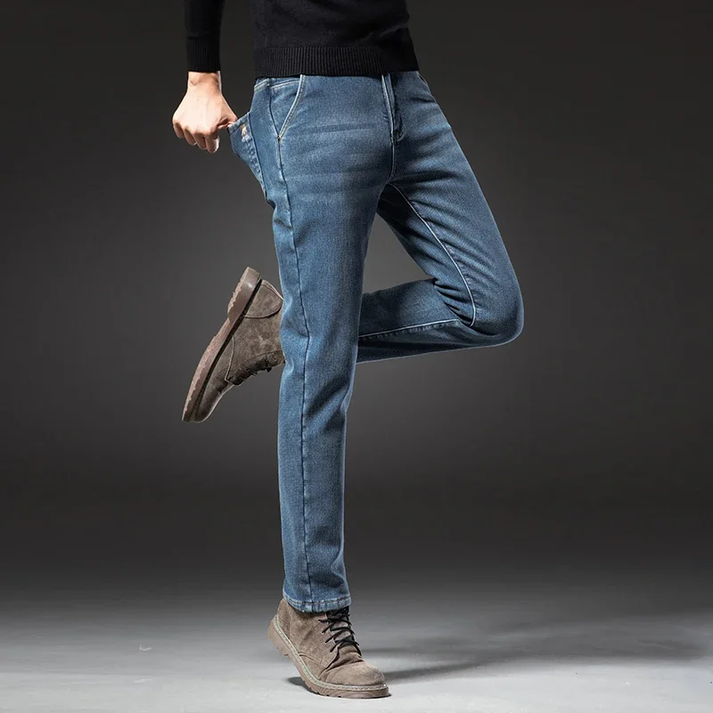 Velo quente inverno calças de brim masculinas alta qualidade conforto elástico em linha reta pelúcia veludo engrossado calças jeans moda coreana
