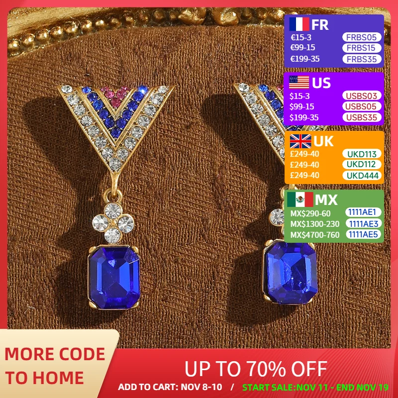 

Vintage Blue Zircon Crystal Earring Drop Gold Color Colorful Rhinestone Triangle Luxury Jewelry Designer For Woman Accessories