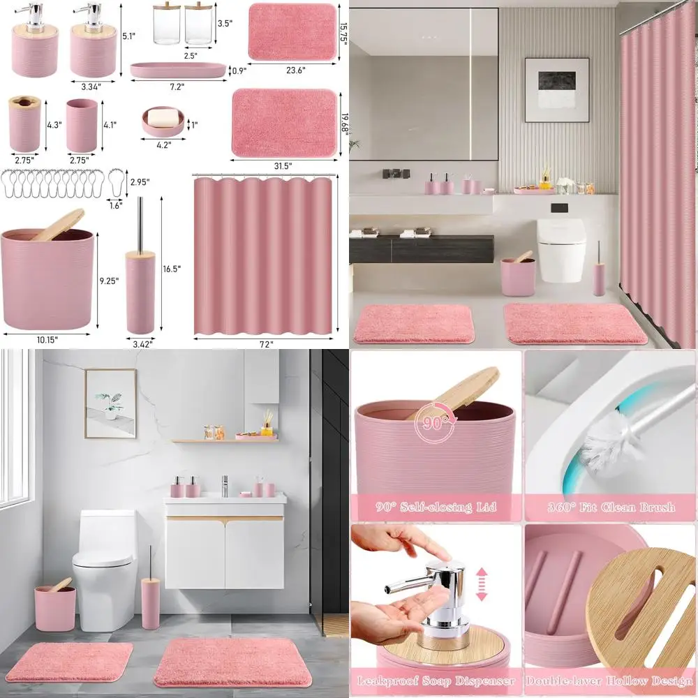 

Pink Bathroom Accessory Set: 25pc Shower Curtain with Rugs, Hooks, Dispenser, Dish, Brush, Trash Can