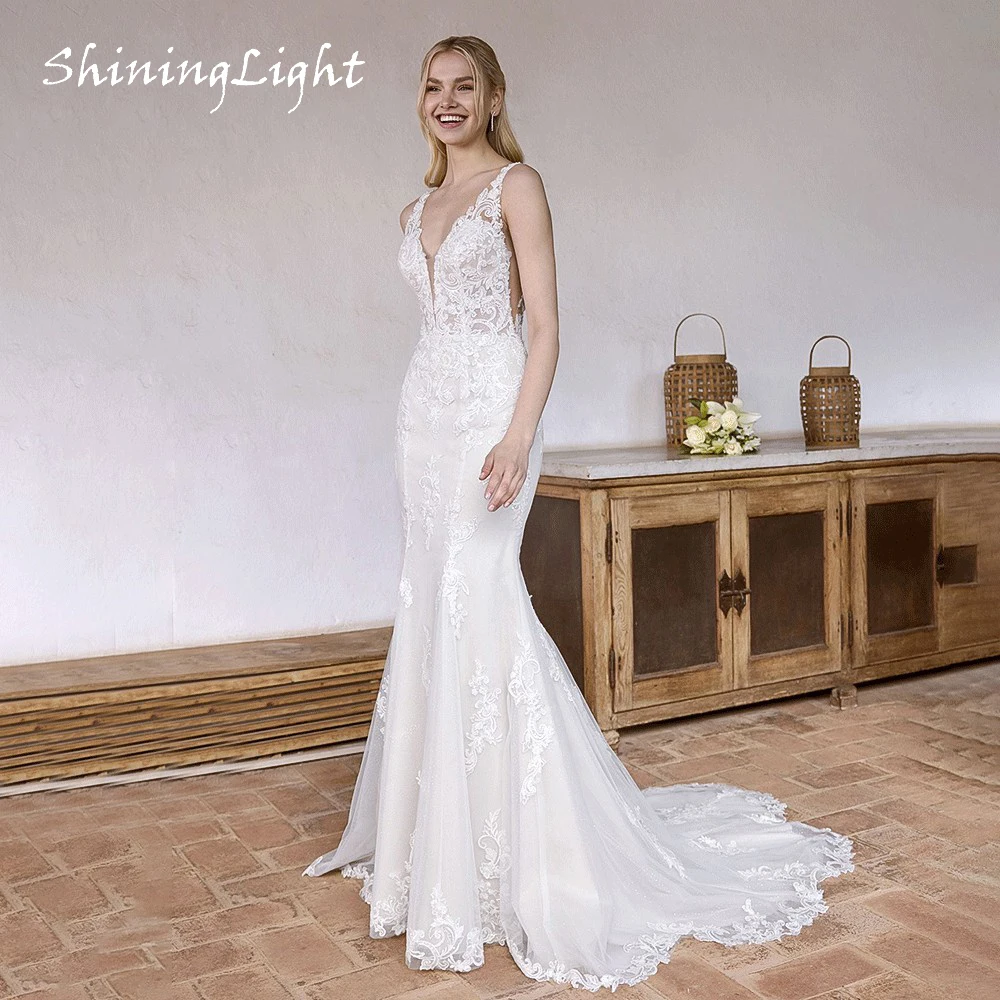 

ShiningLight V-neck Mermaid Wedding Dress for Bride Backless Tulle Lace Appliques Boho Bridal Gowns vestidos de novia Customized