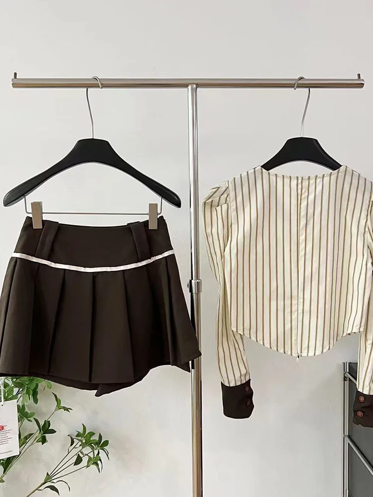 High Quality Kpop Outfits 2 Piece Skirt Set Striped Blouses Polo-Neck Classical + Brown A-Line Skirt Office Lady Formal Occasion