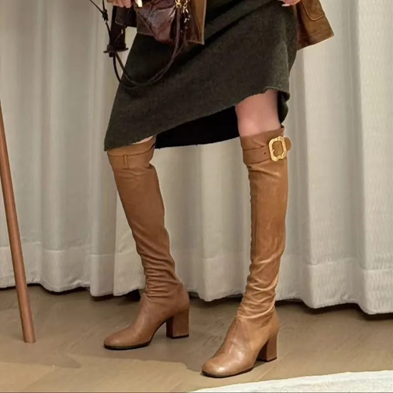 نجمة نمط خمر حزام مشبك جلد مرن النساء أحذية عالية في الركبة الخريف الشتاء عالية الكعب تشيلسي سليم أحذية طويلة الأحذية