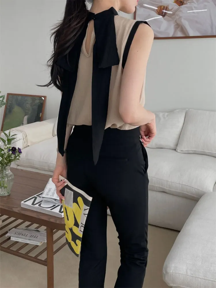 

Chic Sweet Slimming Svel round Ne Tie Waist Vest irt Women's Faionable Commute Sle Korean Straight Cut Polyeste...